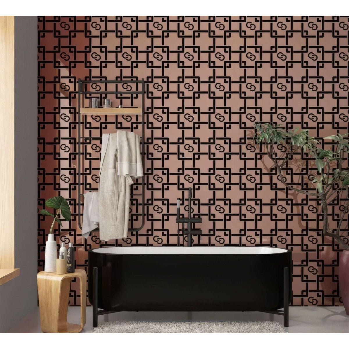 Black freestanding bathtub with sleek modern design and minimalist metal legs featured in art deco trendsetter shower panel