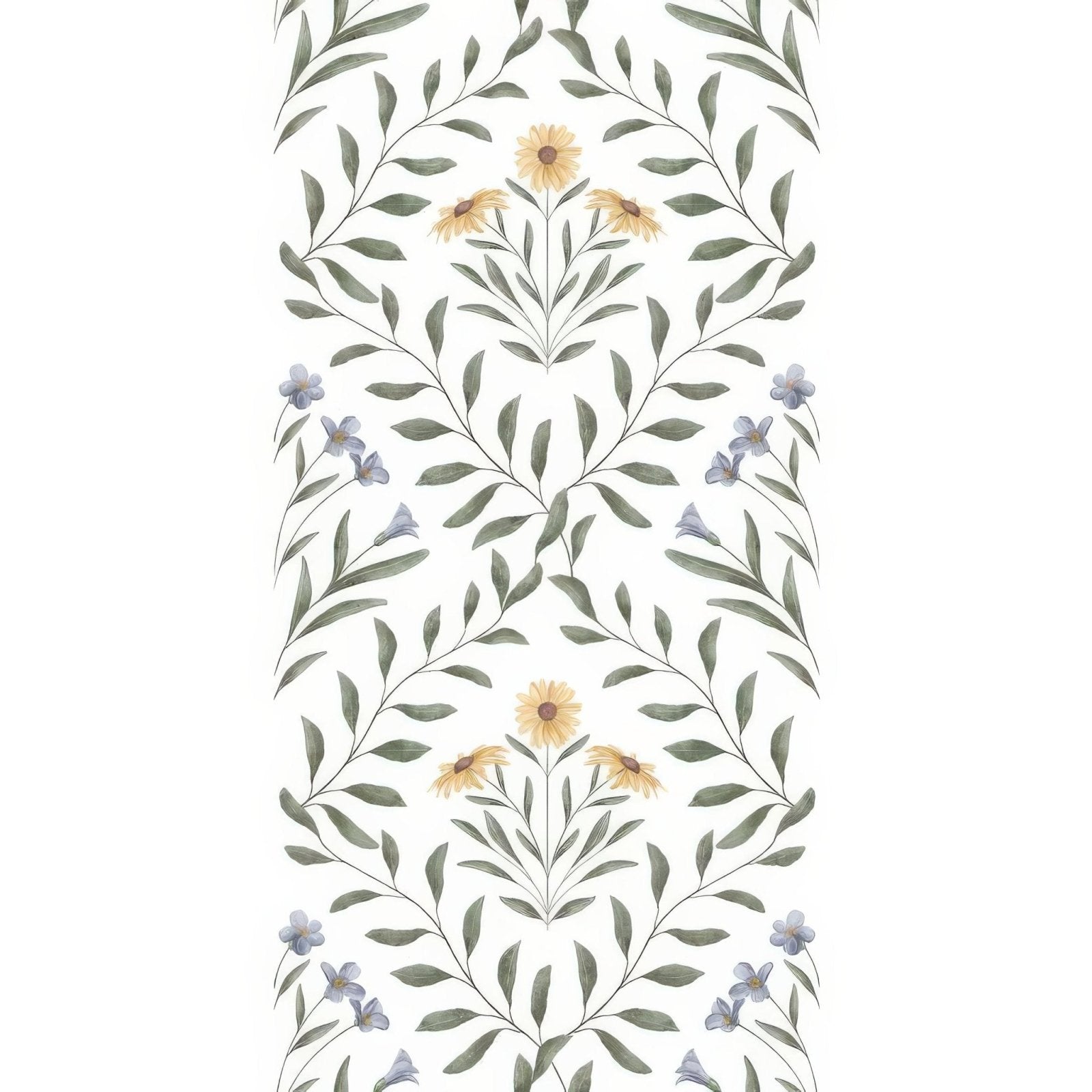 Arts and crafts flora blue 60x30cm wallpaper with delicate vertical floral pattern of green leaves yellow daisies and purple blossoms