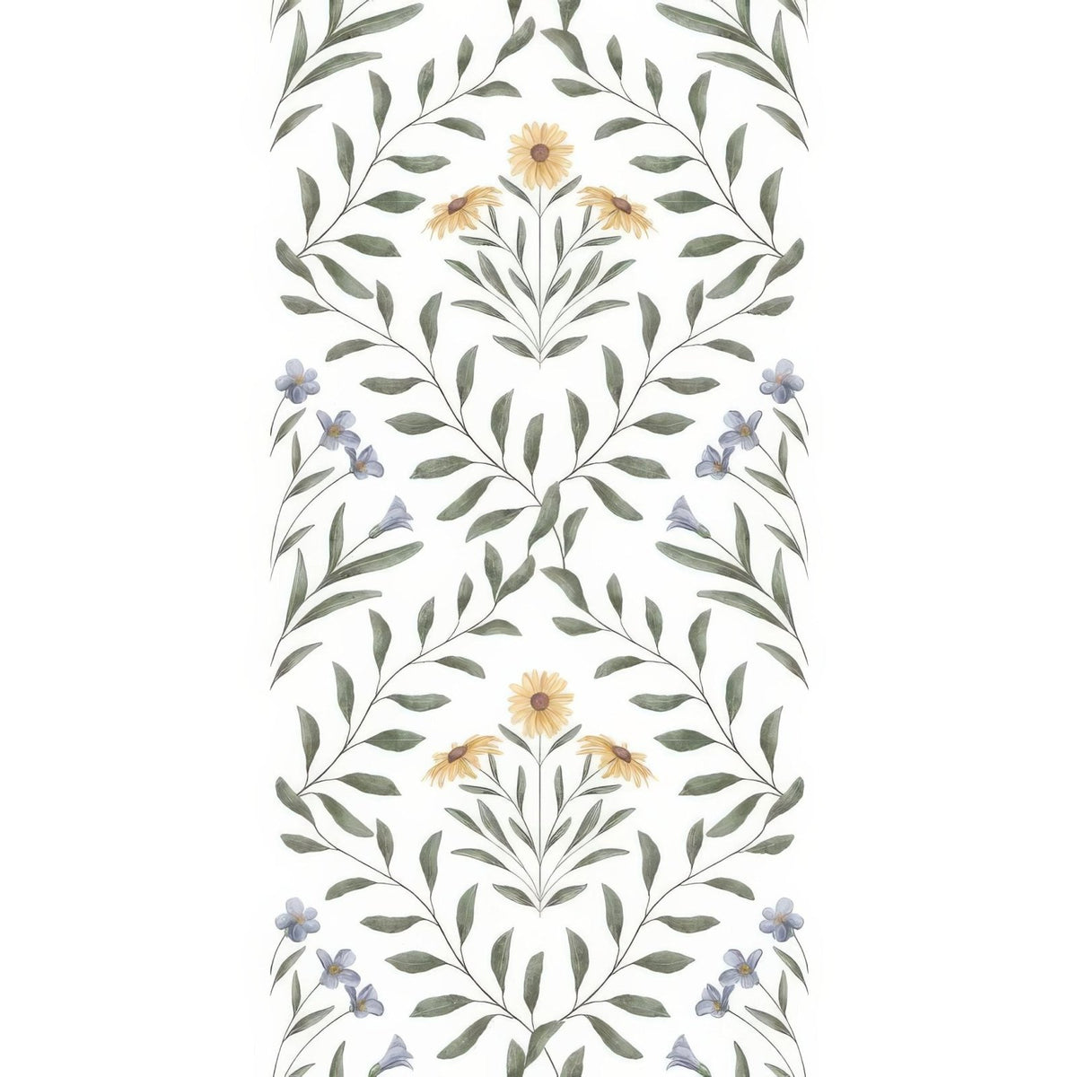Arts and crafts flora blue 60x30cm wallpaper with delicate vertical floral pattern of green leaves yellow daisies and purple blossoms