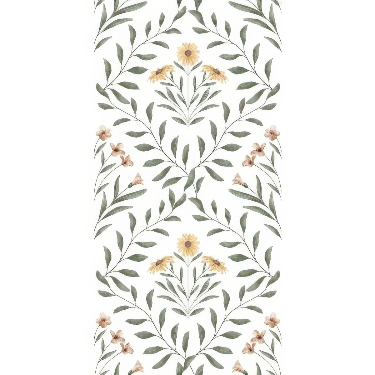 Arts and crafts flora pink 60x30cm delicate watercolor floral wallpaper with soft green leaves yellow daisies and pink blossoms
