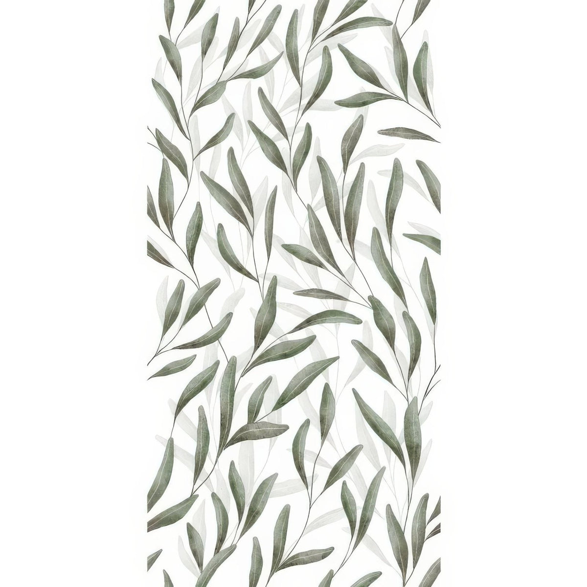 Elegant vertical arts and crafts willow wallpaper 60x30cm with delicate overlapping green leaves and subtle gray outlines