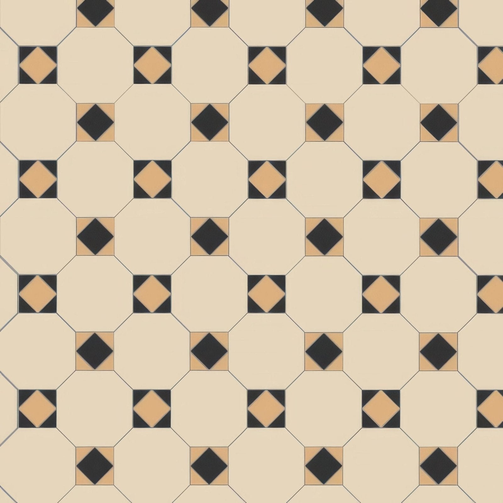Beige hexagonal arundel floor tiles with black and tan diamond accents in black white and old london colors