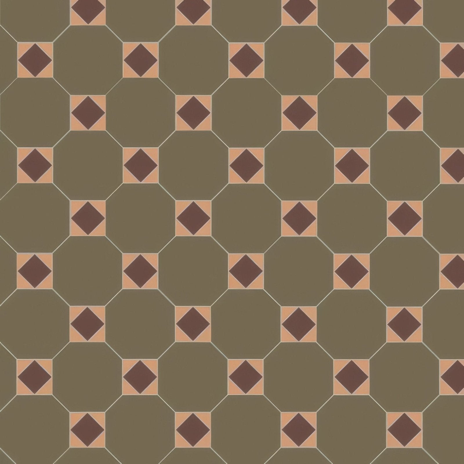 Arundel brown buff and green olive green hexagonal floor tile with brown diamond accents and beige borders repeating pattern