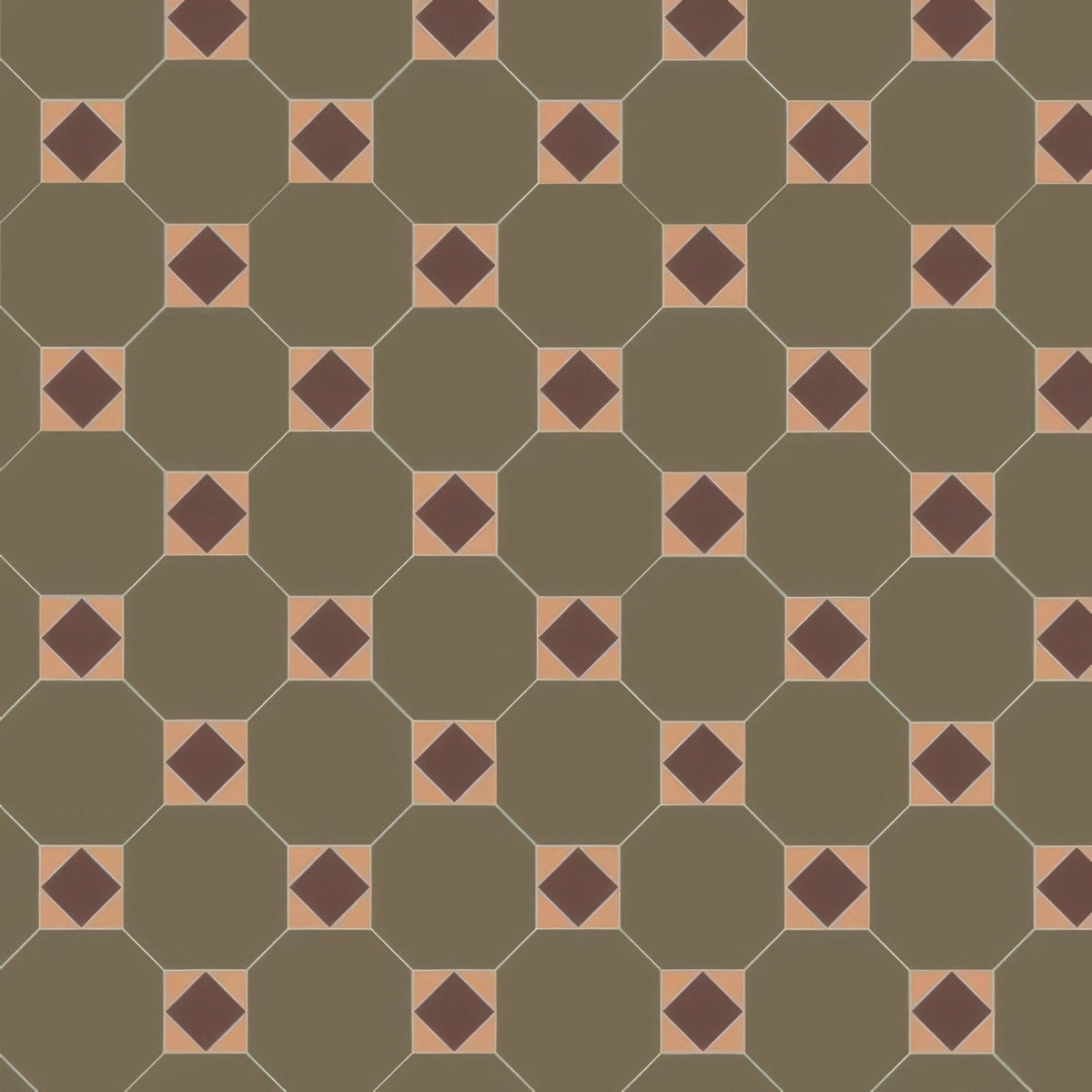 Arundel brown buff and green olive green hexagonal floor tile with brown diamond accents and beige borders repeating pattern