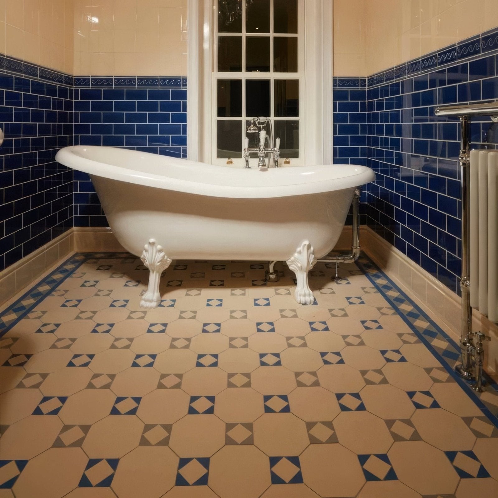 Arundel Dover white clawfoot bathtub with ornate feet and chrome fixtures in grey and pugin blue accents