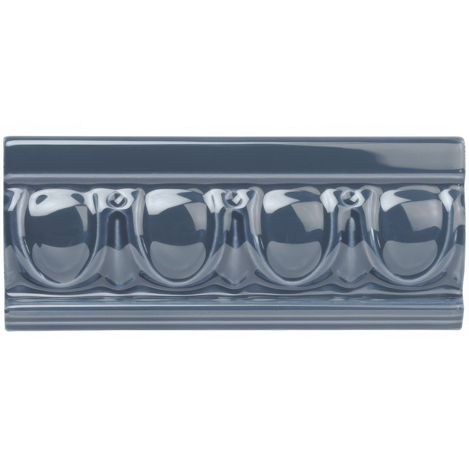 Dark gray ceramic ascot blue egg and dart crown molding with glossy finish and raised rounded decorative elements