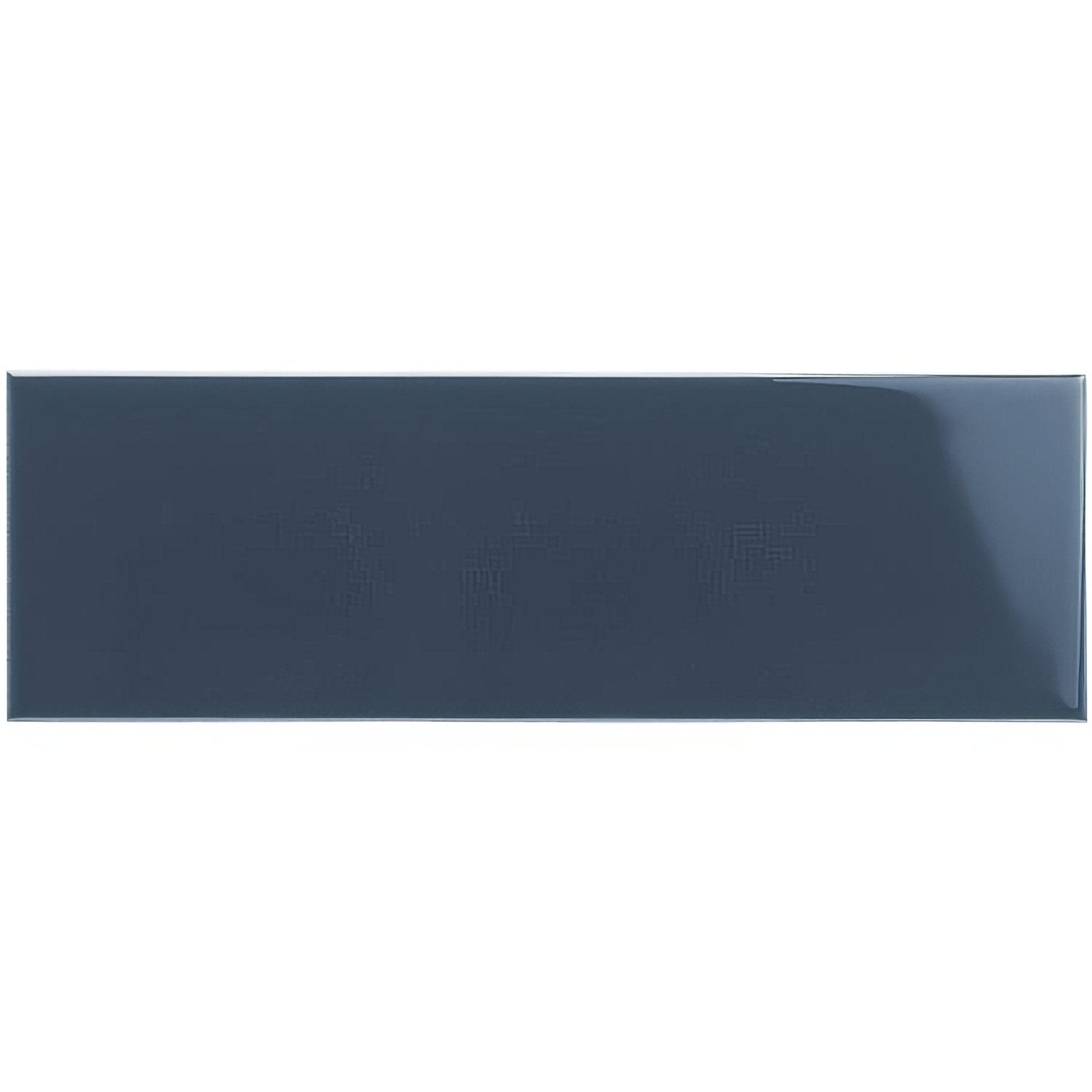 A sleek glossy dark gray ascot blue large brick tile with a smooth reflective surface for modern wall or floor use