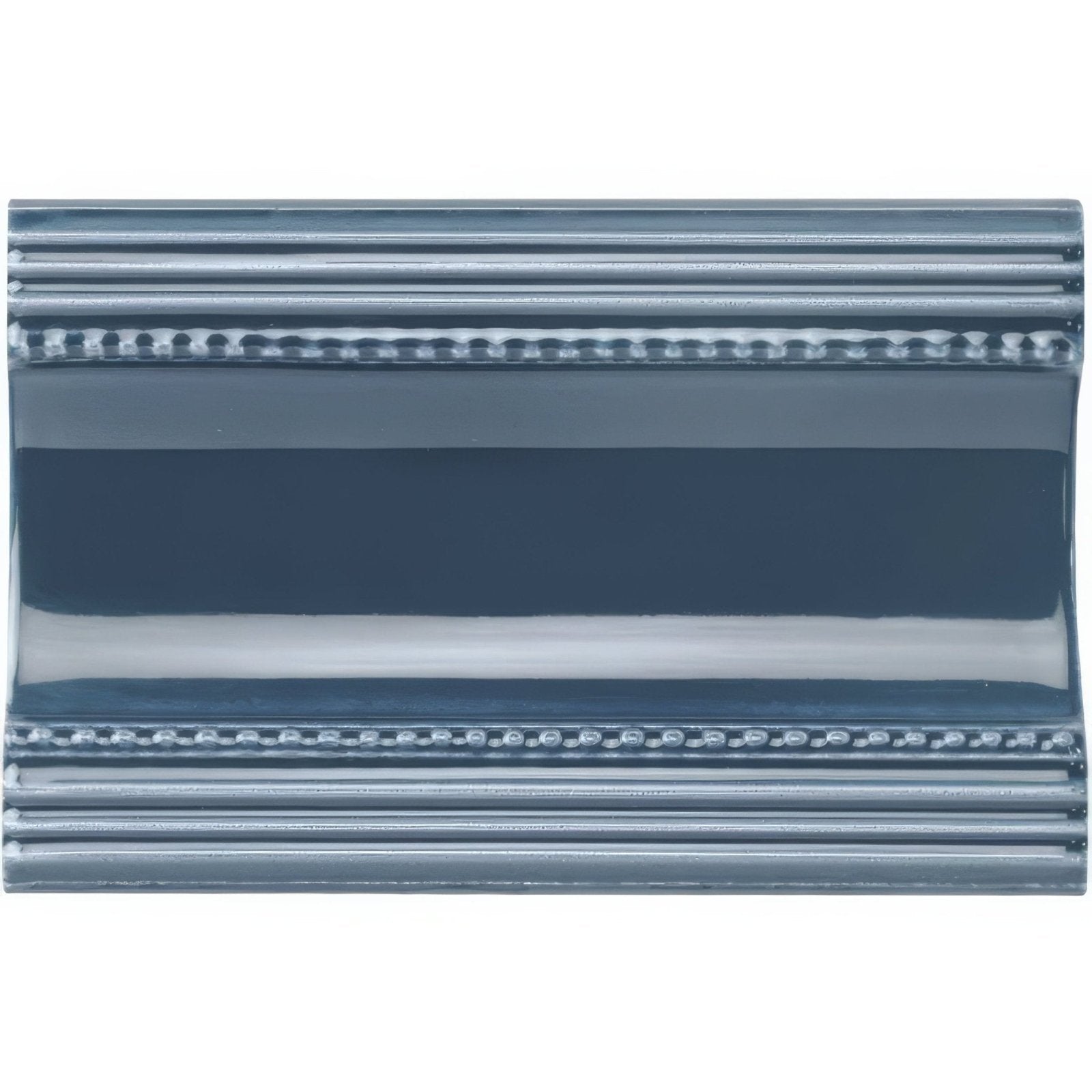 A glossy dark blue ceramic Ascot Blue plain cornice tile with decorative raised beaded border and horizontal ridges