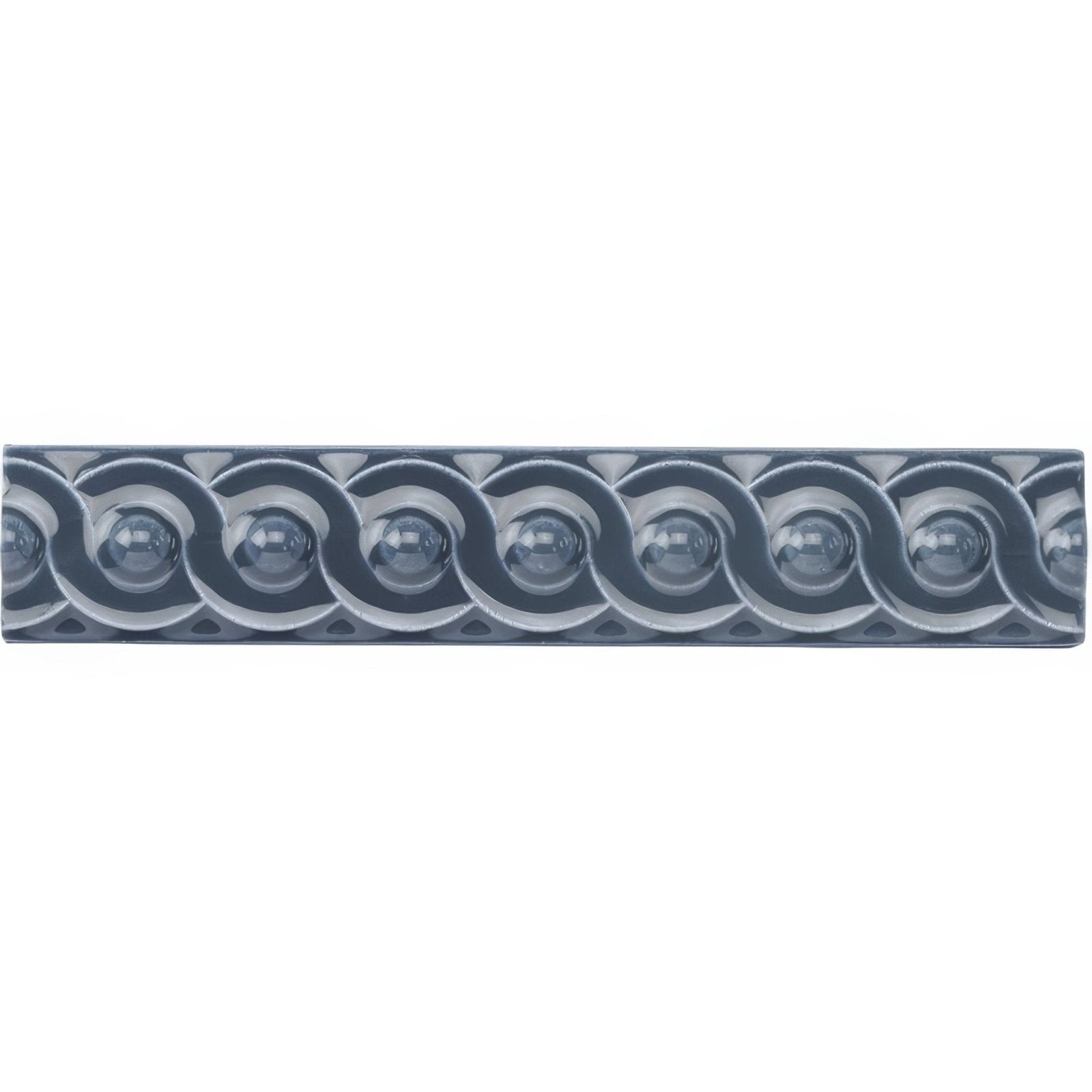 Gray ceramic Ascot Blue Scroll moulding tile with a repeating pattern of interlocking circular motifs