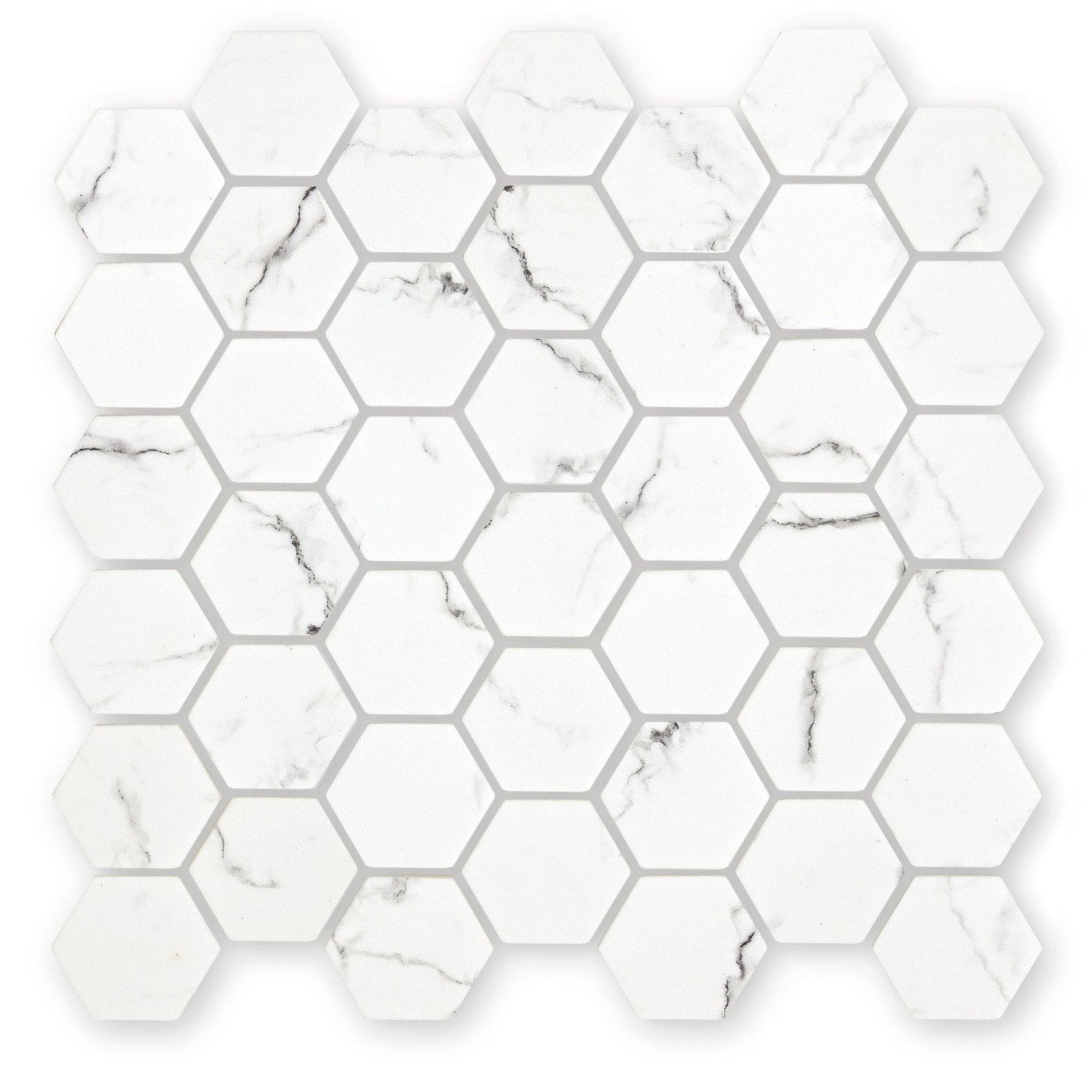 White hexagonal mosaic tile with subtle gray marble-like veining in aspen hexagon mosaic design