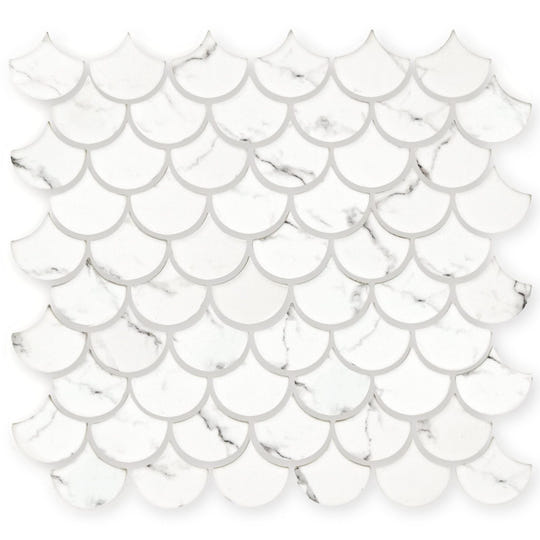 Aspen scallop mosaic white marble fish-scale tile with subtle gray veining for wall and floor applications