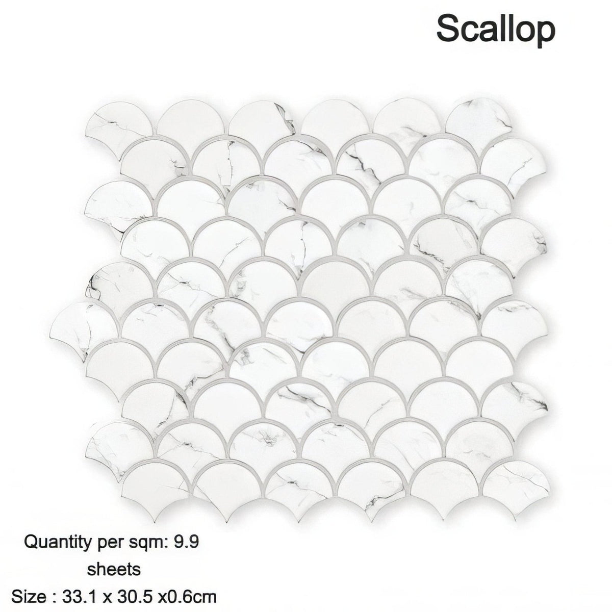 White marble scallop mosaic tiles with subtle gray veining in the Aspen Scallop Mosaic design