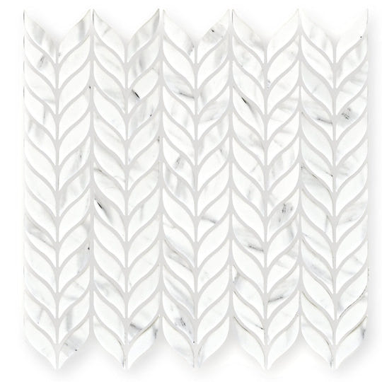 Aspen Willow leaf mosaic white marble tile with a leafy chevron pattern for decorative wall and floor use