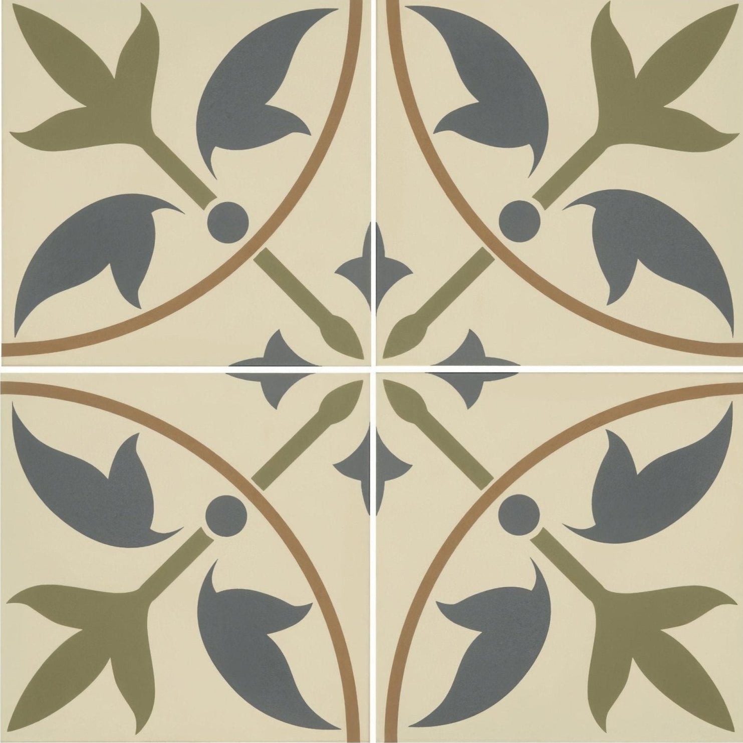 Beige ceramic floor tile assyrian dublin with symmetrical olive green and dark gray floral pattern and thin brown lines