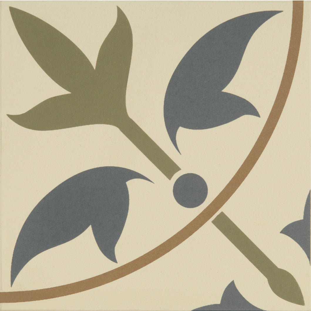 Beige ceramic tile assyrian dublin with stylized olive green and gray leaf motifs outlined in brown on white background