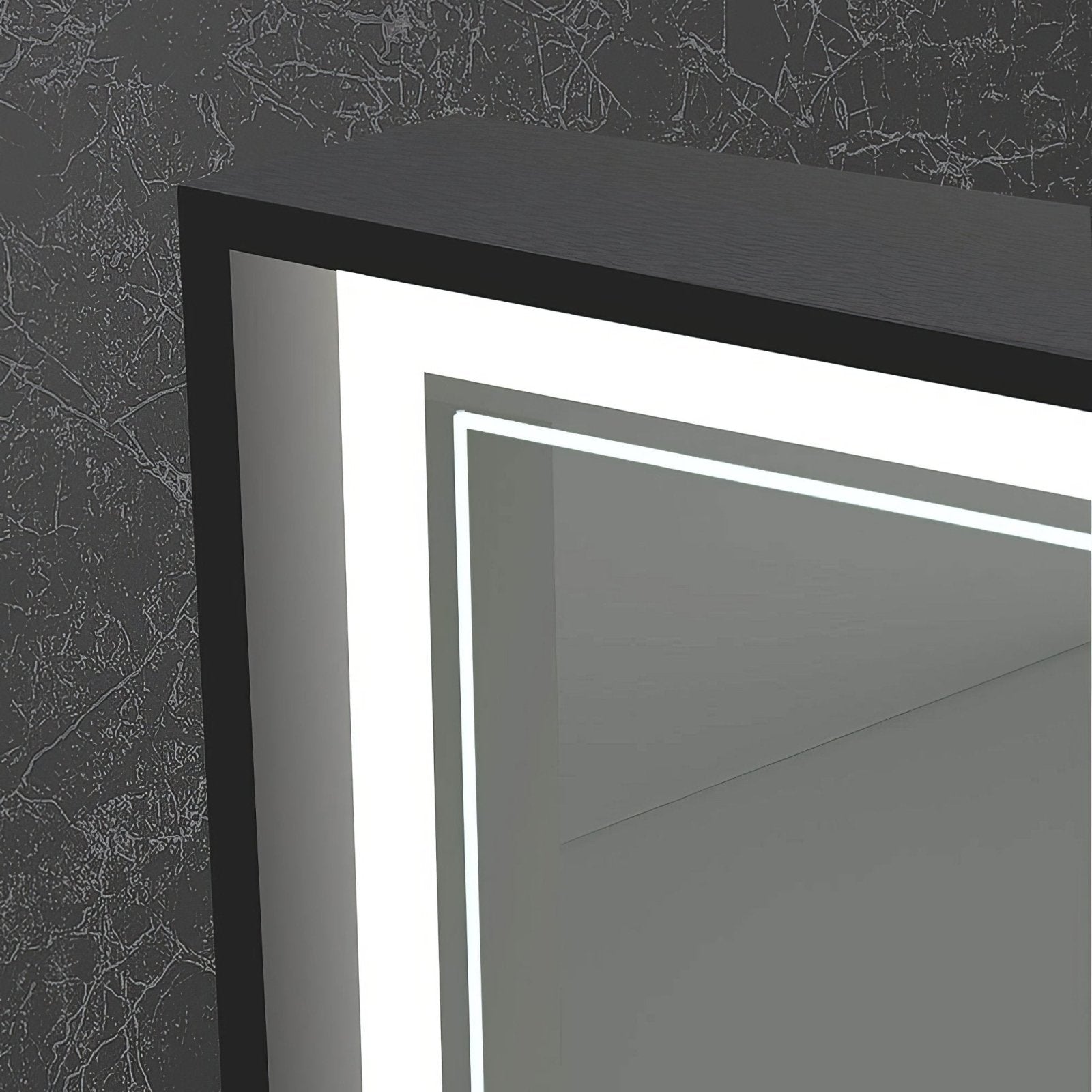 Modern black-framed Astoria Mirror 60 with sleek integrated LED lighting along its edges for stylish bathroom use