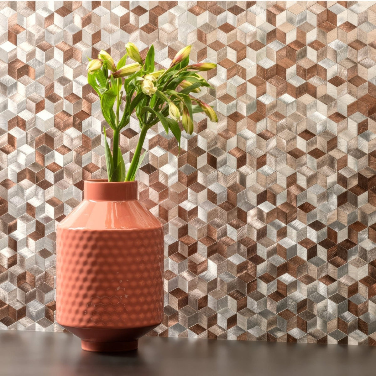 Astral Copper Aluminium Mosaic copper and silver hexagonal aluminium mosaic styled with a terracotta vase