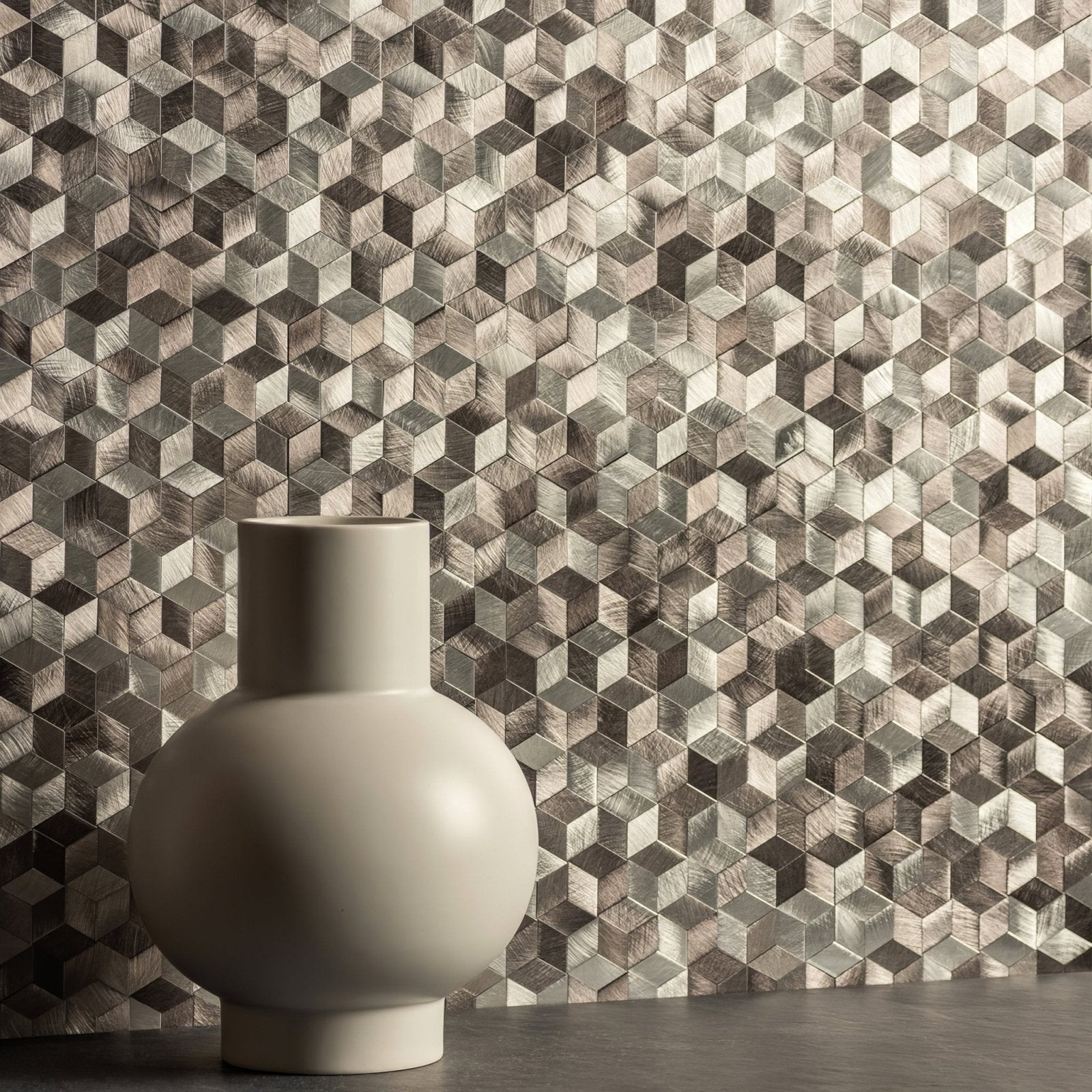 Astral Silver Aluminium Mosaic silver hexagonal aluminium mosaic styled with a cream ceramic vase