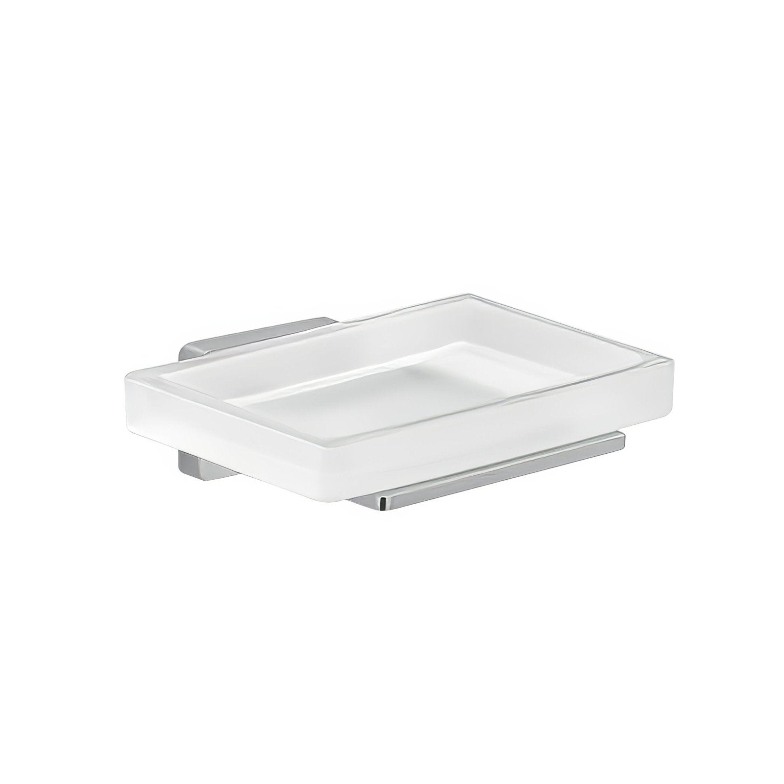Modern frosted glass soap dish with sleek chrome metal mounting bracket for bathroom organization and style