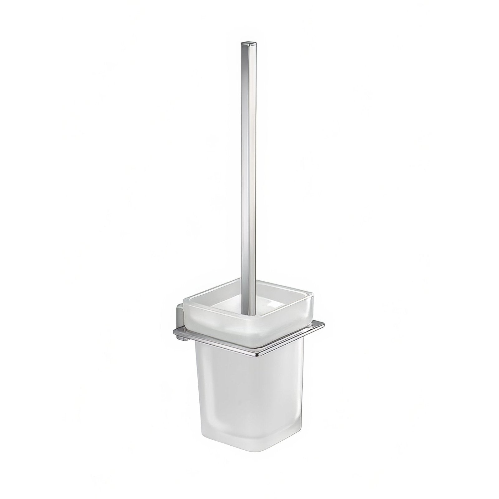 Modern chrome-finished aten toilet brush wall mounted holder with frosted glass base and matching square container