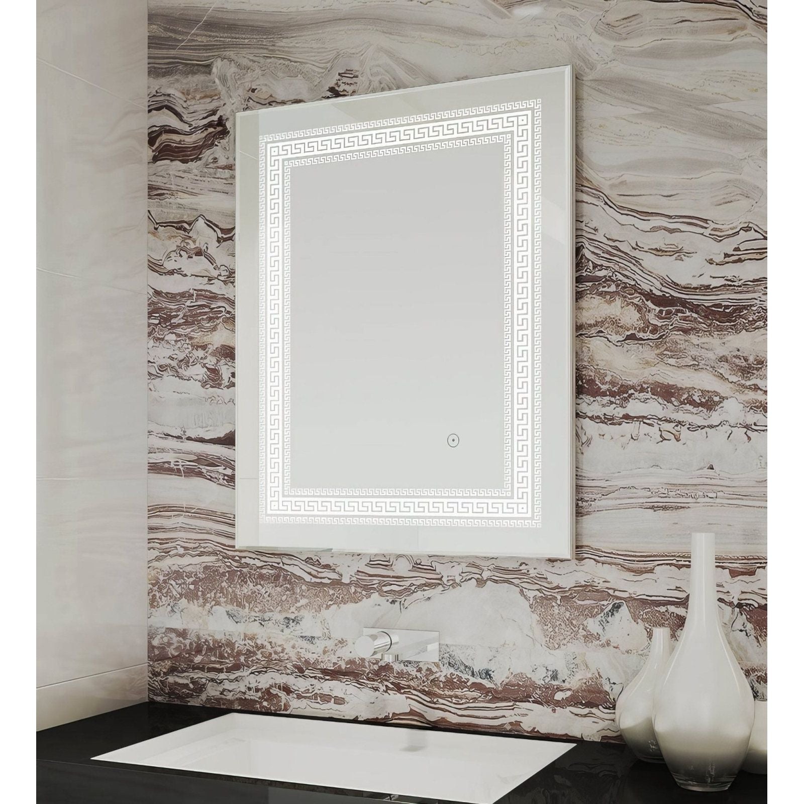 White framed led mirror with decorative greek key pattern border called athenian mirror for elegant wall decor
