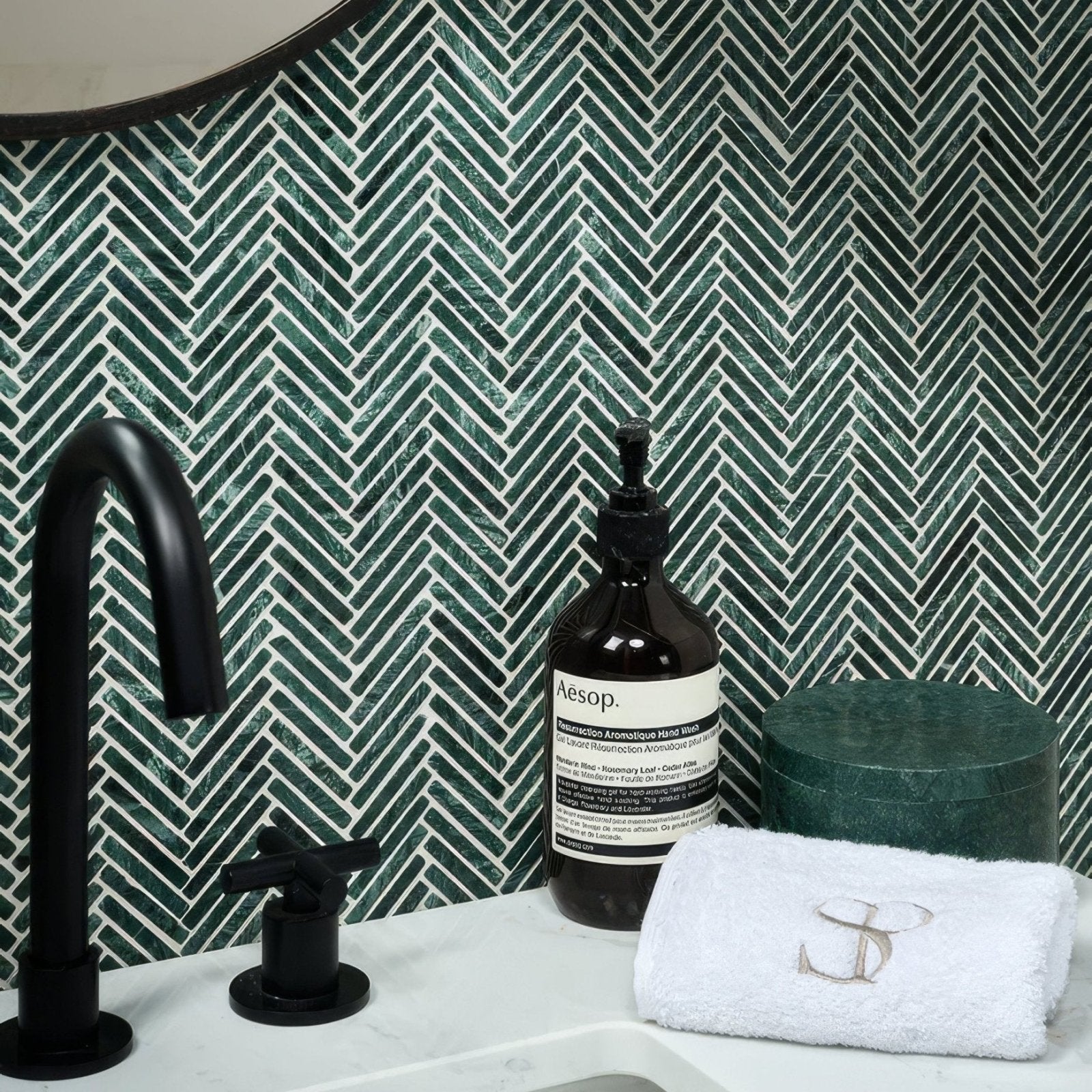 Athens Amazon marble mosaic dark green herringbone tile backsplash made of marble for kitchen and bathroom walls