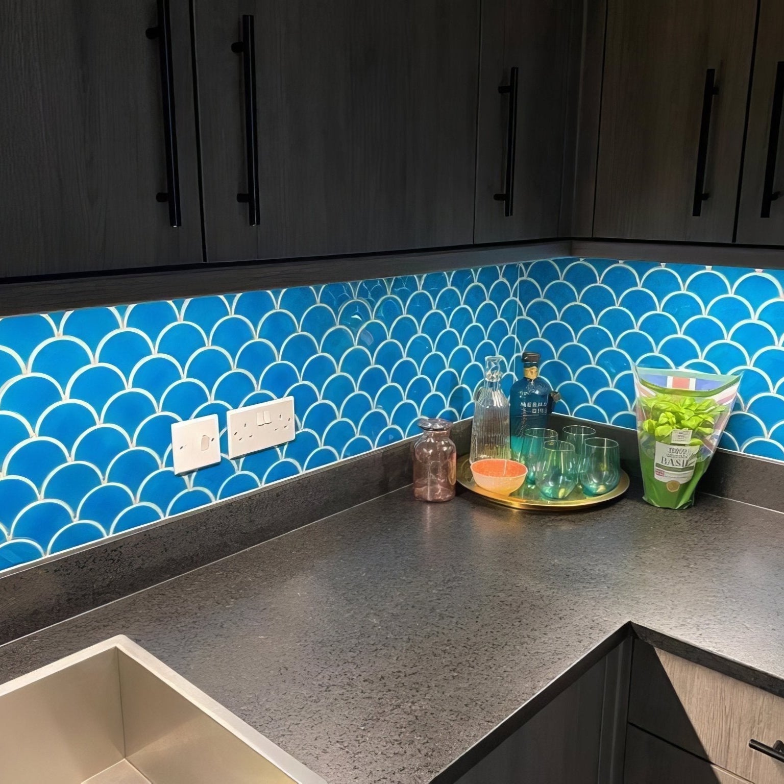 Vibrant blue fish scale patterned porcelain mosaic backsplash with white outlines in ultramarine color Atlantis design