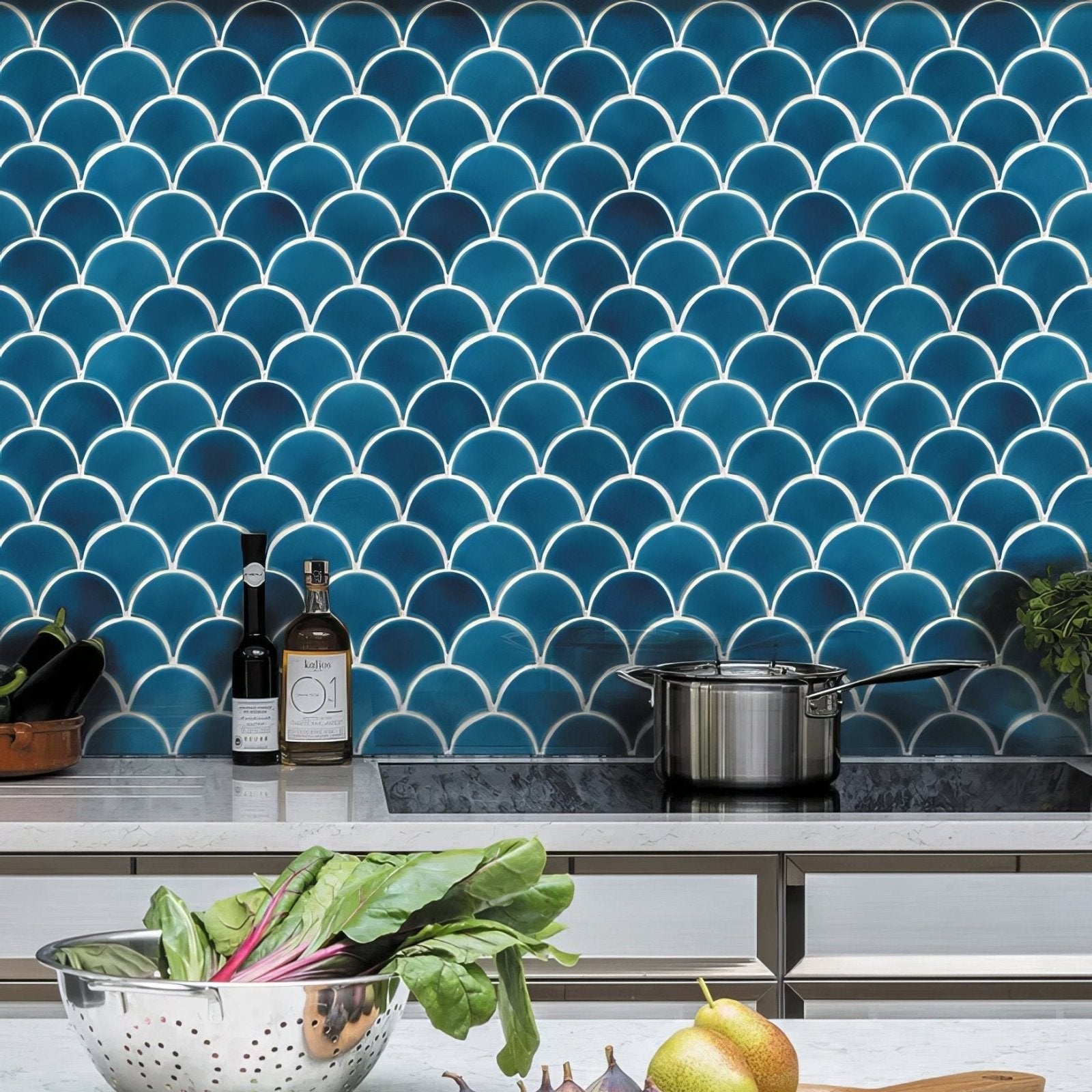 Blue fish-scale mosaic porcelain tile backsplash in ultramarine for wall decoration and kitchen use