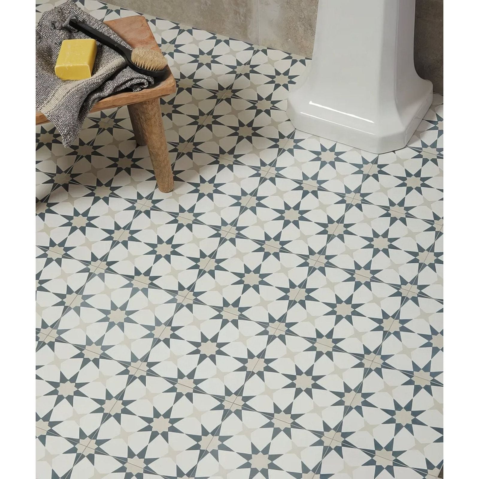 White and gray star-patterned atlas porcelain denim ceramic floor tiles with vintage geometric design
