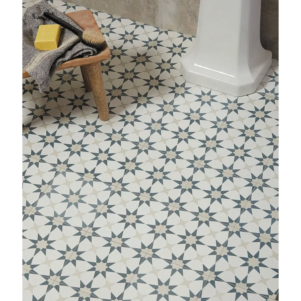 White and gray star-patterned atlas porcelain denim ceramic floor tiles with vintage geometric design