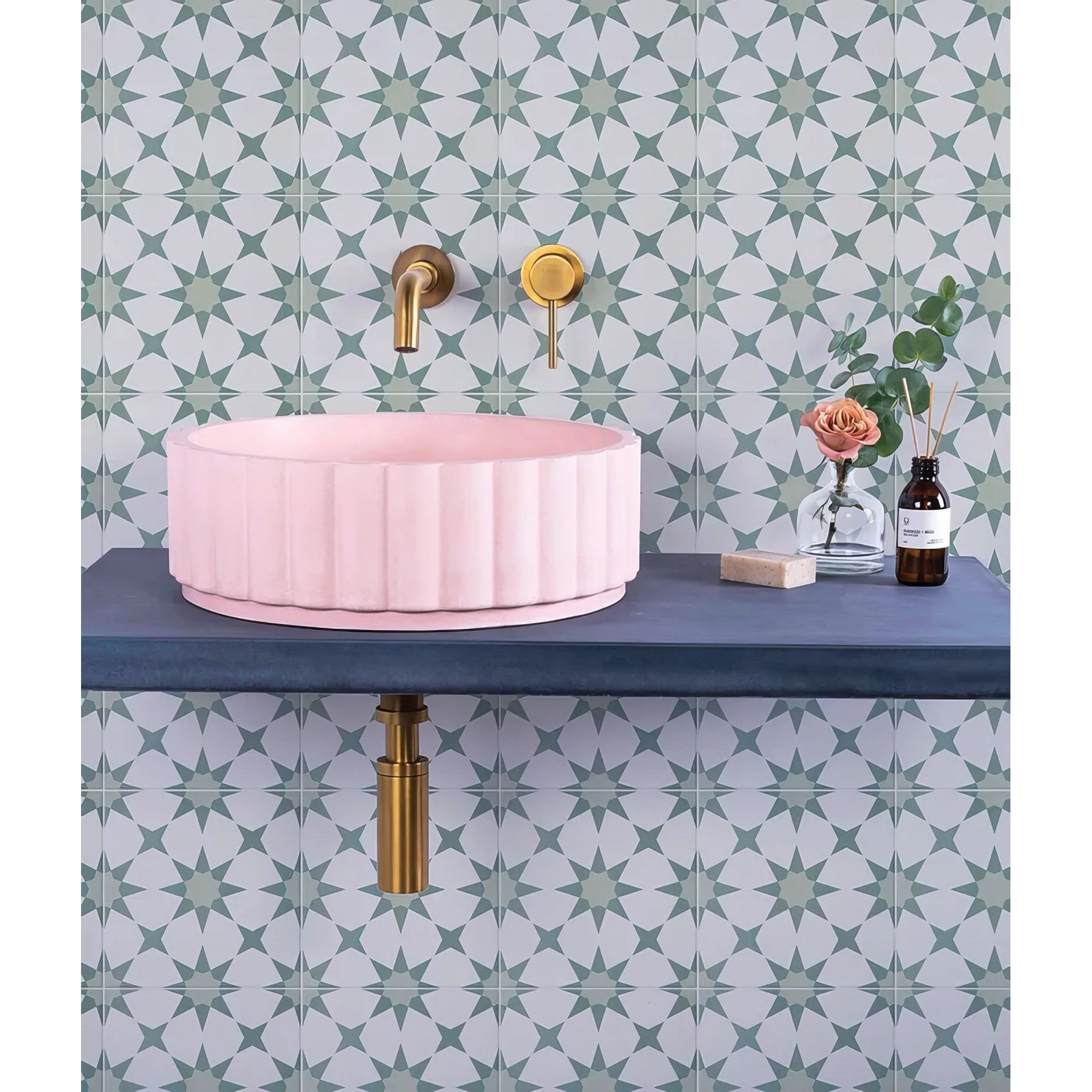 Pink ribbed ceramic vessel sink in atlas porcelain green product showcasing textured design and durable material
