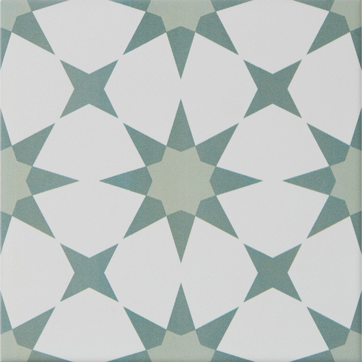 Atlas porcelain green tile with geometric star pattern in muted teal and white ideal for indoor flooring