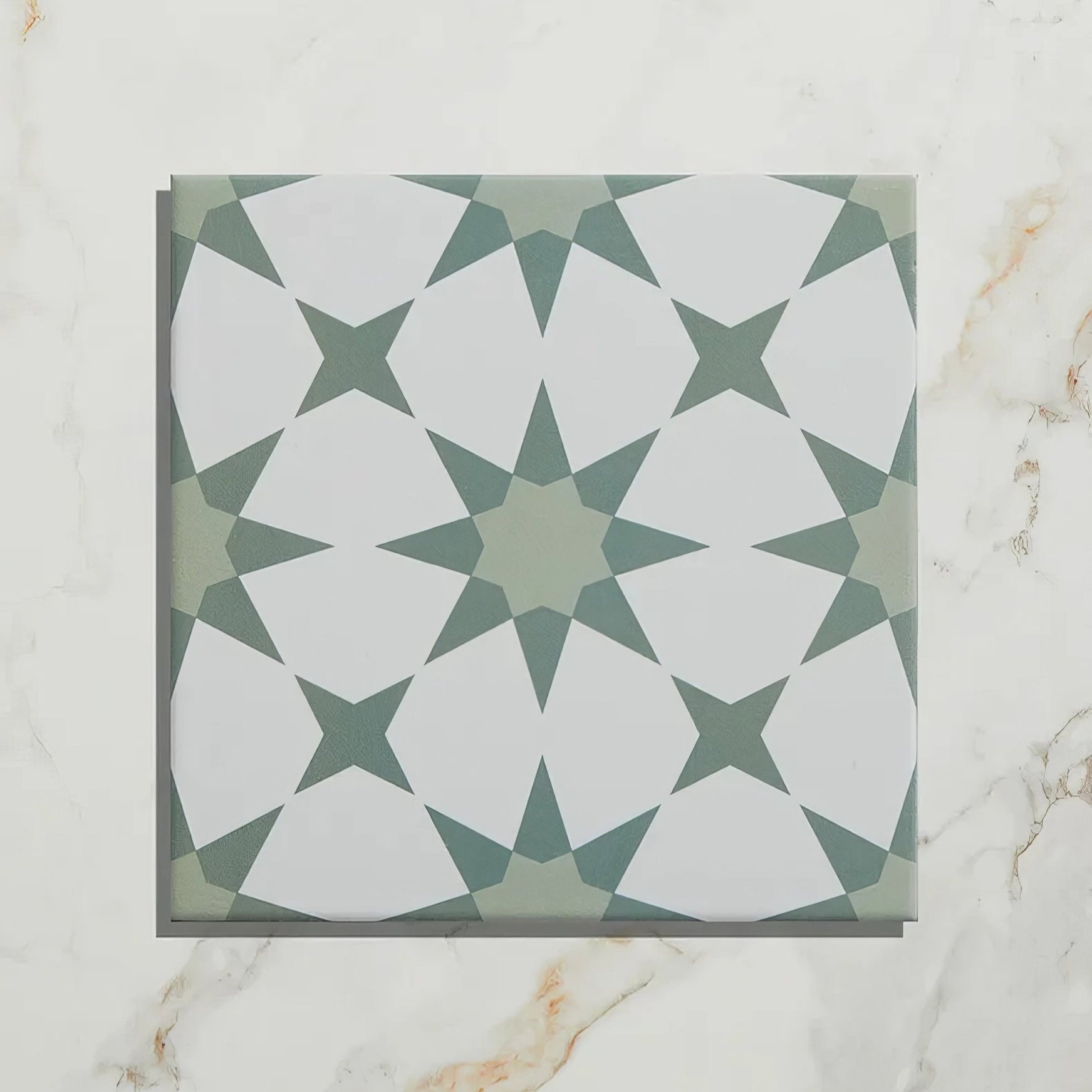 Square porcelain tile atlas porcelain green with white and sage green star geometric pattern ceramic surface