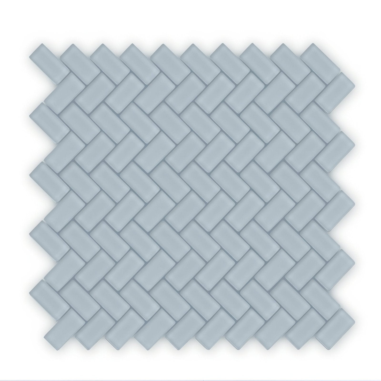 Aurora herringbone grey mosaic light blue rectangular glass tile arranged in a herringbone pattern