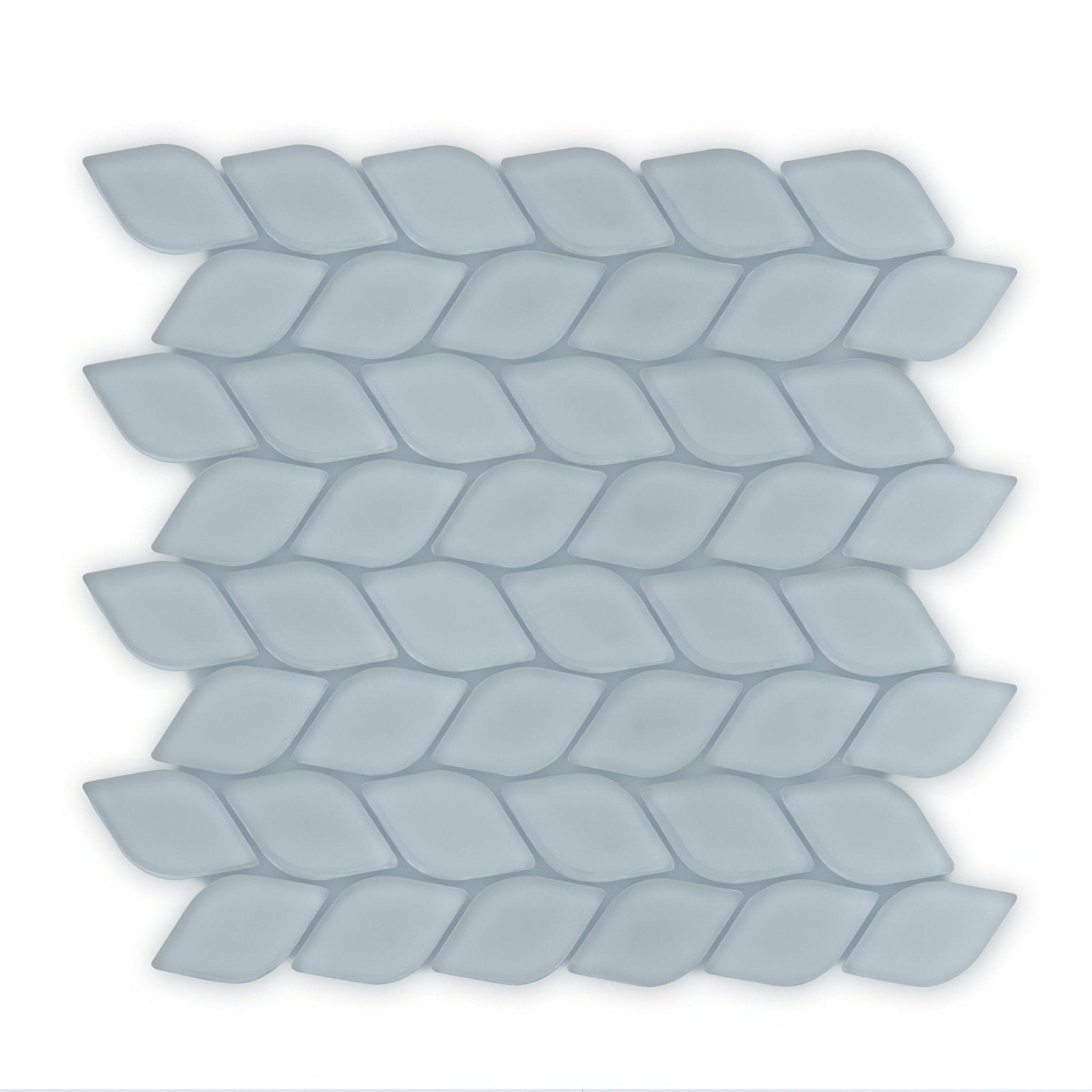 Light gray glossy glass mosaic tile with woven leaf pattern from aurora leaf grey mosaic collection