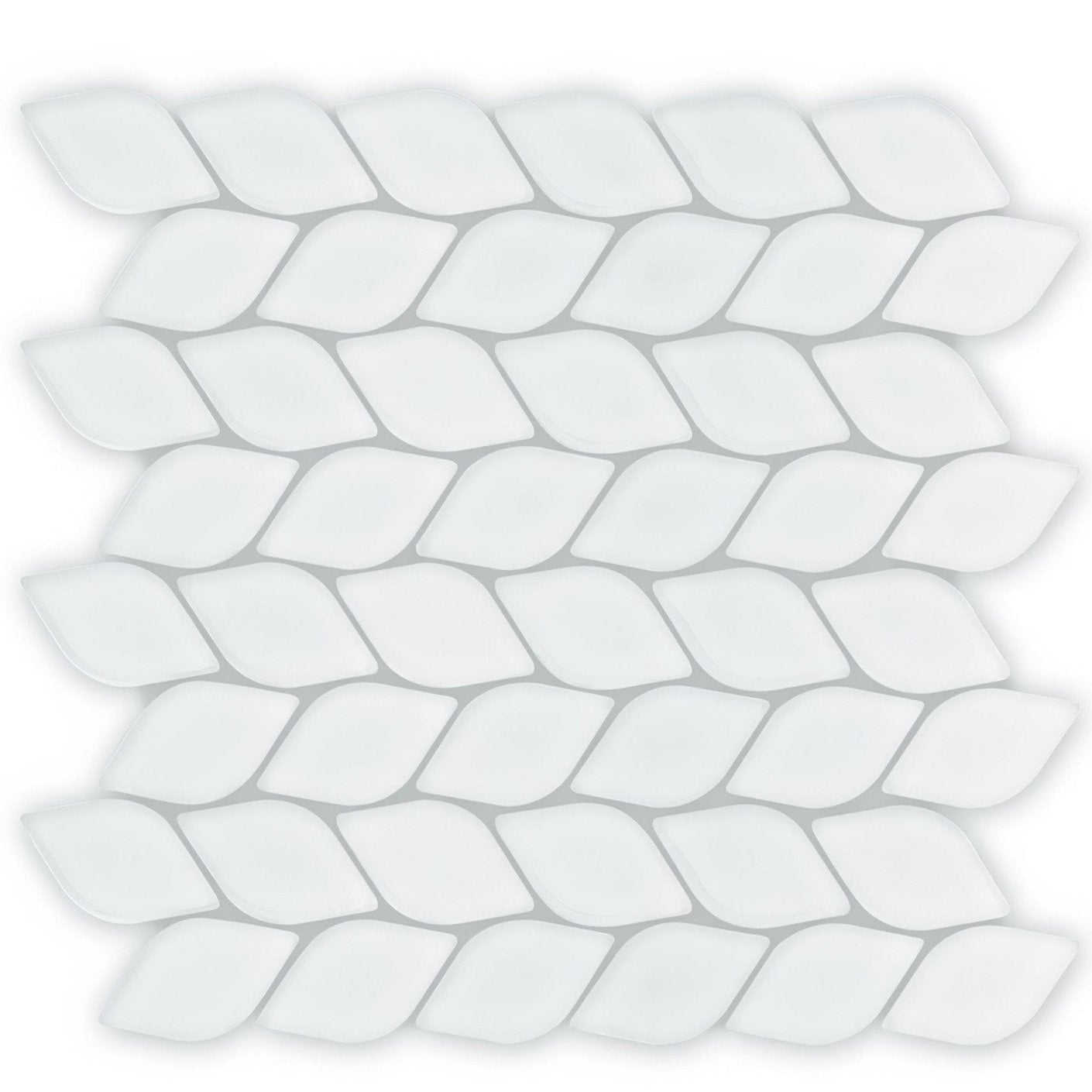 Aurora Leaf white mosaic tile featuring white glass with a subtle glossy finish in an interlocking diamond pattern