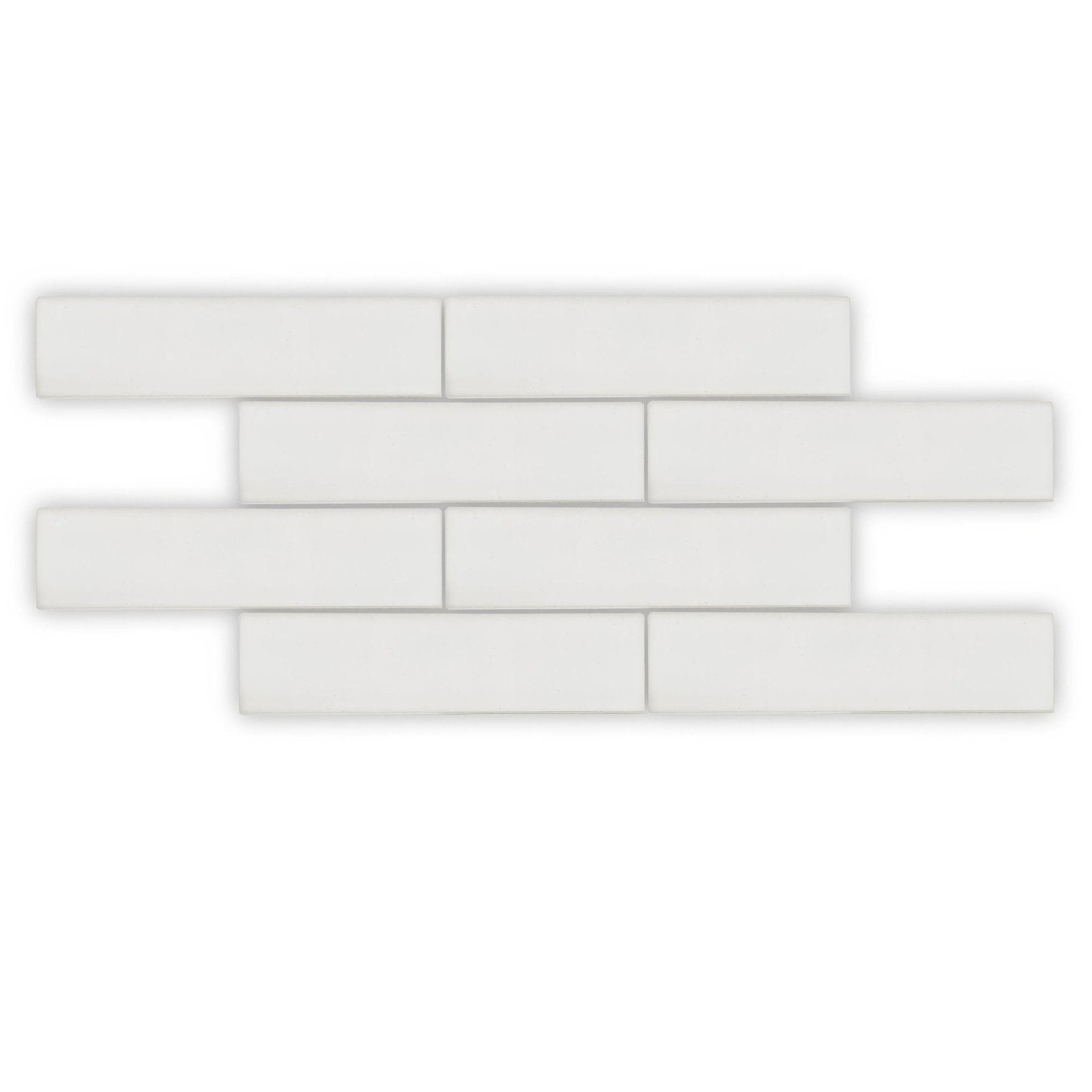 White rectangular subway tile mosaic with smooth glossy finish in offset pattern aurora levi brick glass mosaic