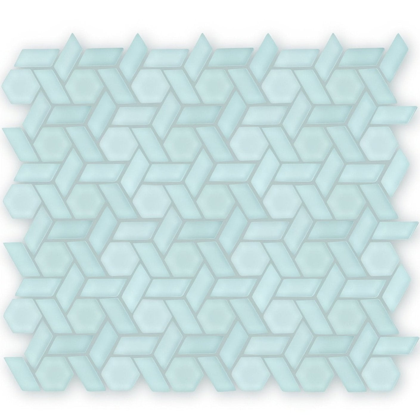 Light blue frosted glass mosaic tile with geometric hexagonal pattern from aurora woven green mosaic collection