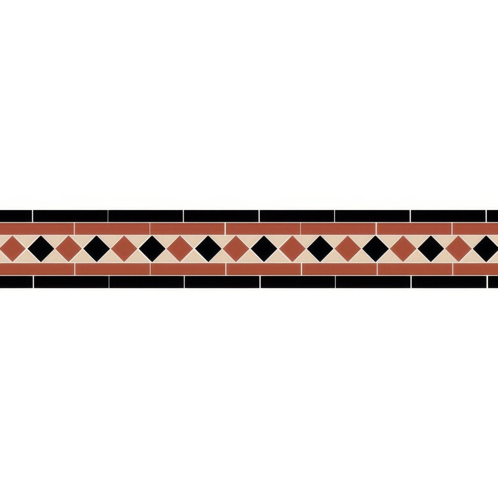 Austen black red and white decorative border tile strip with black terracotta and cream diamond pattern framed by black tiles