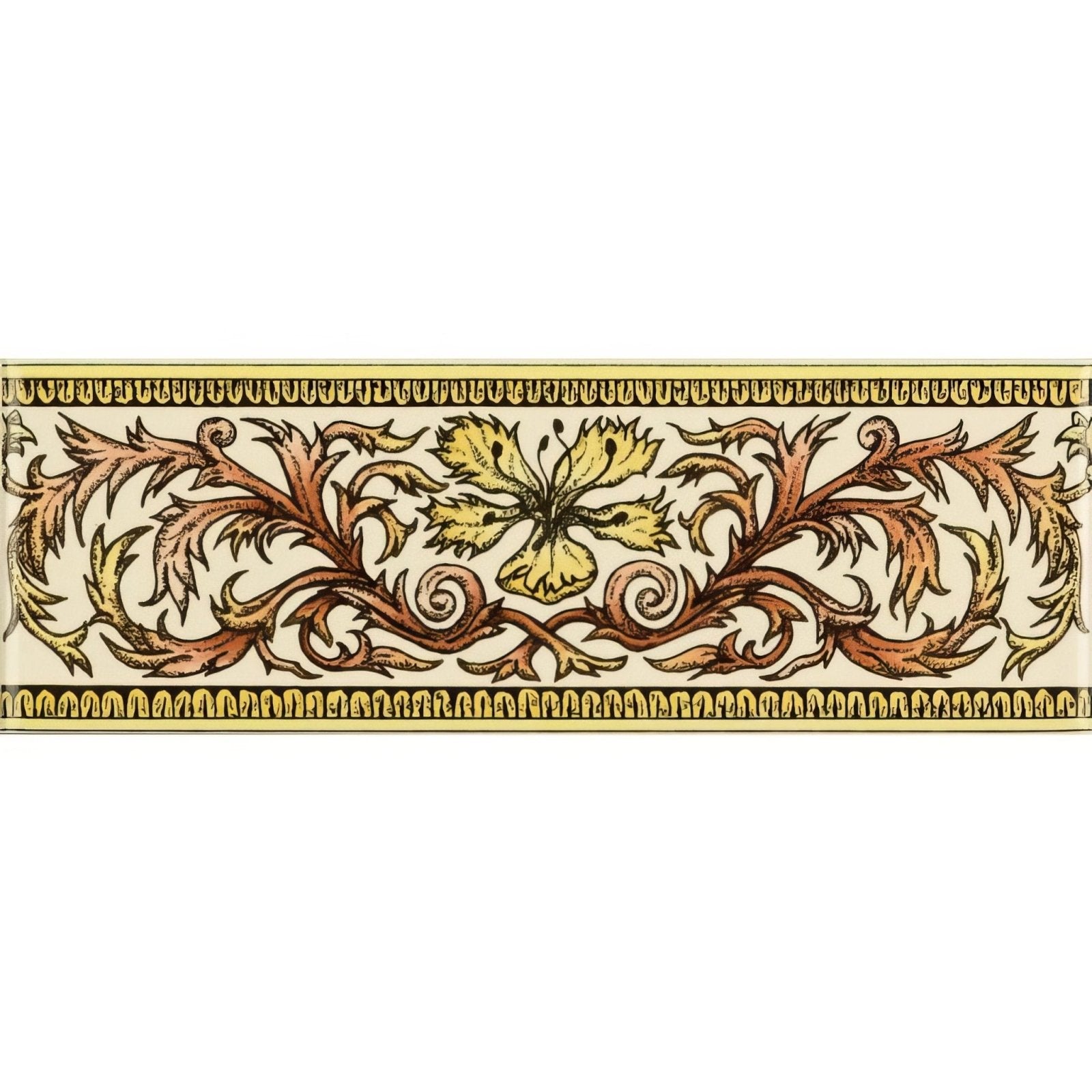 An ornate rectangular money clip with gold and rust floral scrollwork on cream county white background