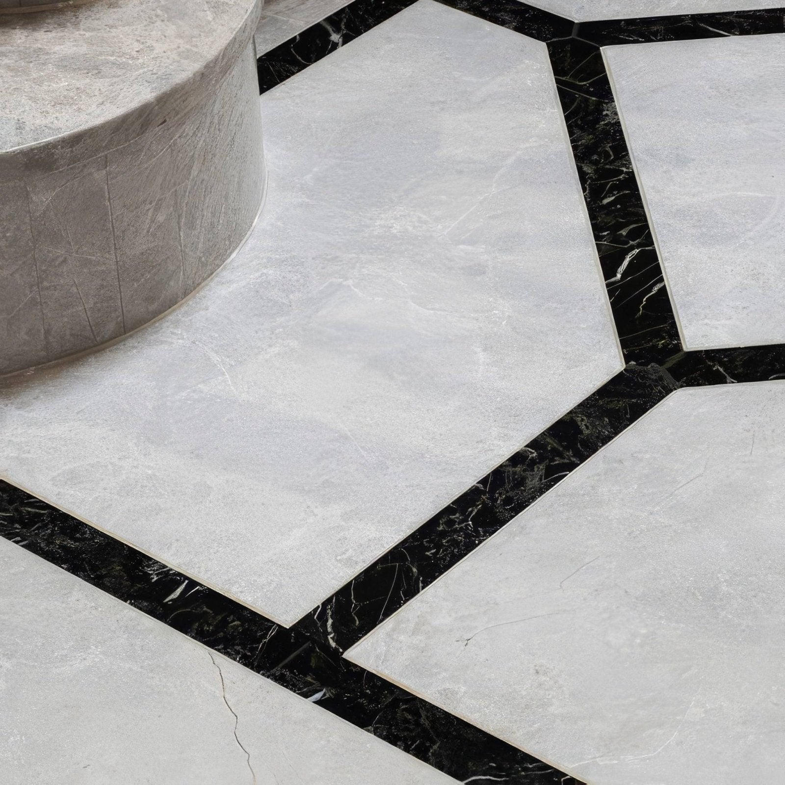 Avante garde marble honed floor tiles 45.7 x 45.7cm white marble with black veined grout geometric pattern