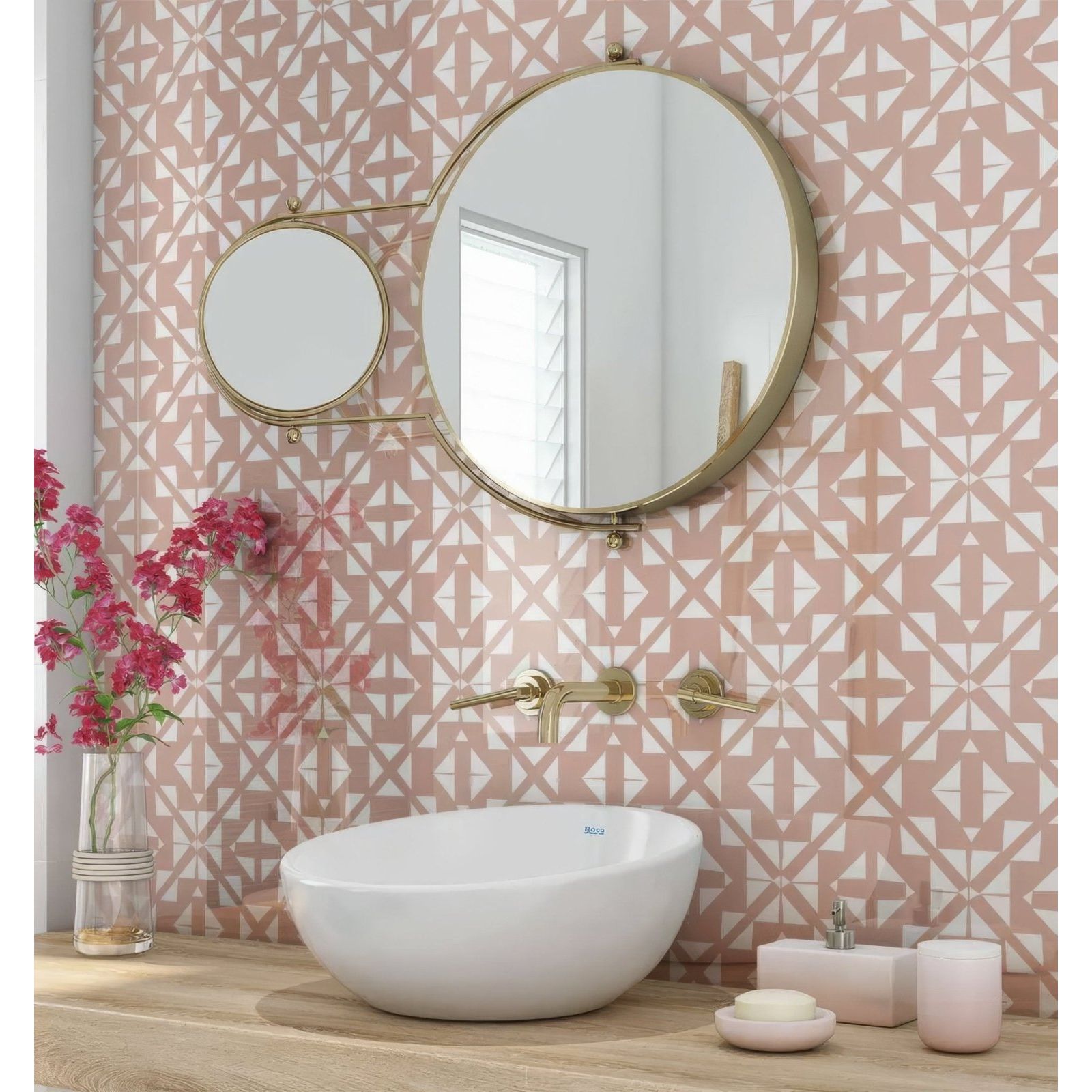White ceramic vessel sink with sleek oval shape and smooth surface for aztec pink white shower panel