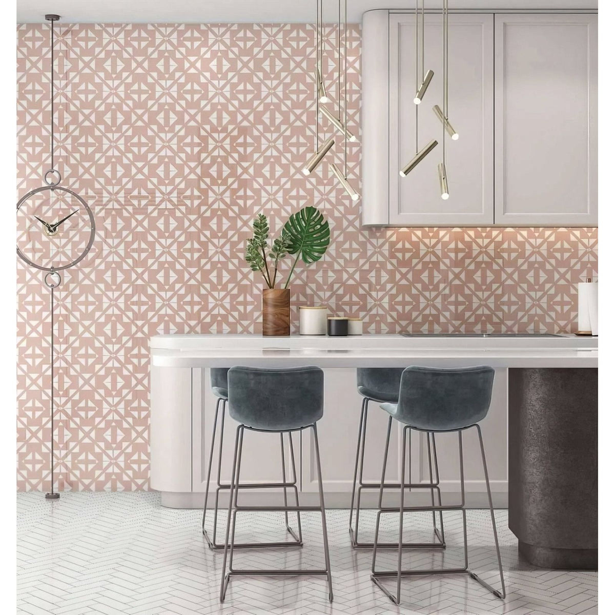 Aztec pink white shower panel with pink geometric patterned ceramic wall tiles for bathroom decoration