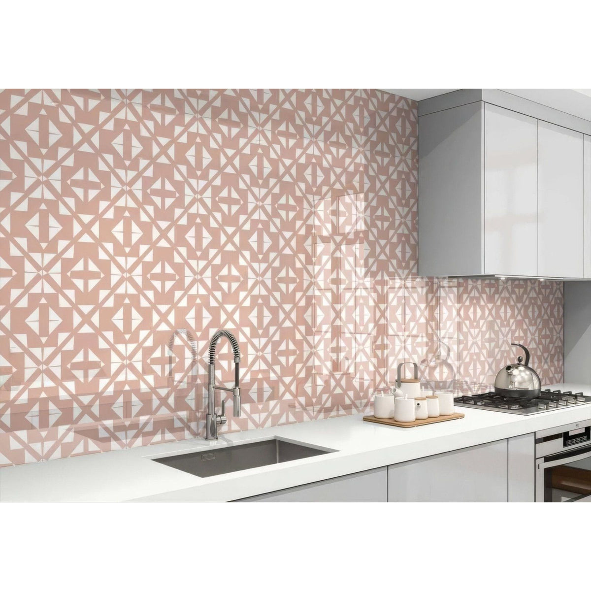 Aztec pink white shower panel with pink and white geometric patterned kitchen backsplash tiles for wall decor