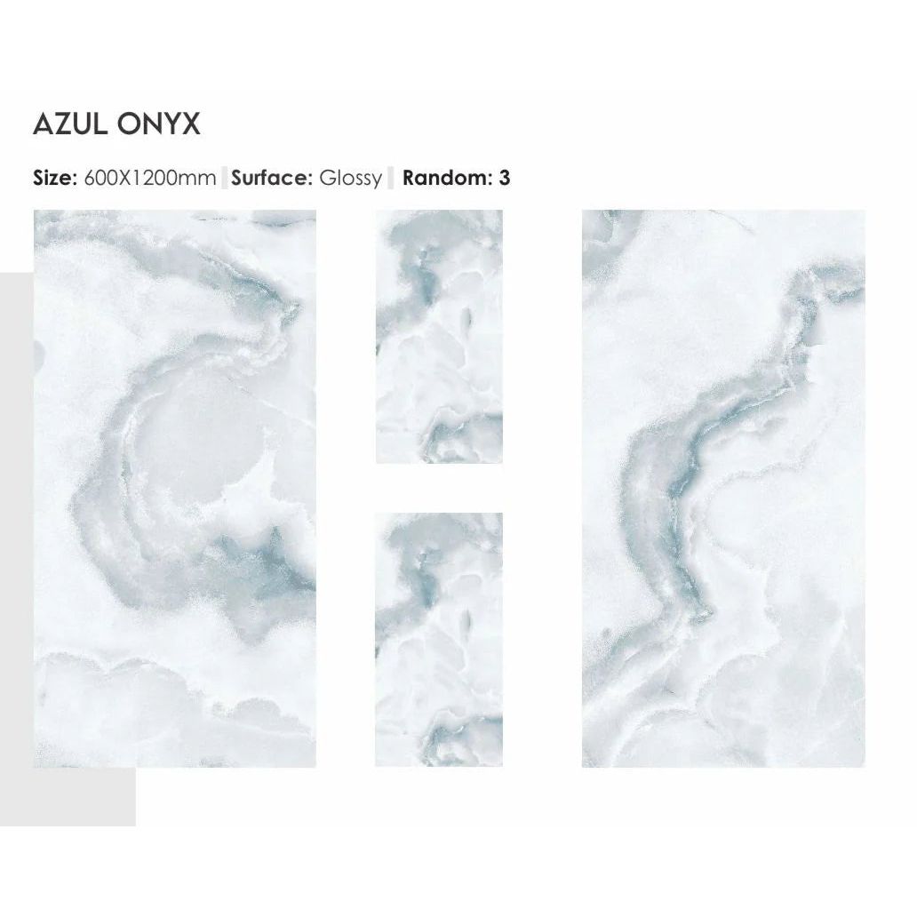 Glossy white and gray azul onyx marble tiles with swirling veining patterns in 60 x 120cm size