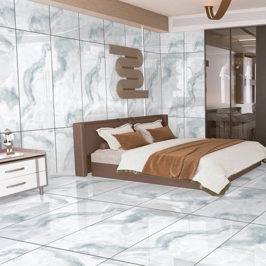 Azul Onyx 60 x 120cm white and grey marble-effect tiles on the floor and walls of a minimalist bedroom