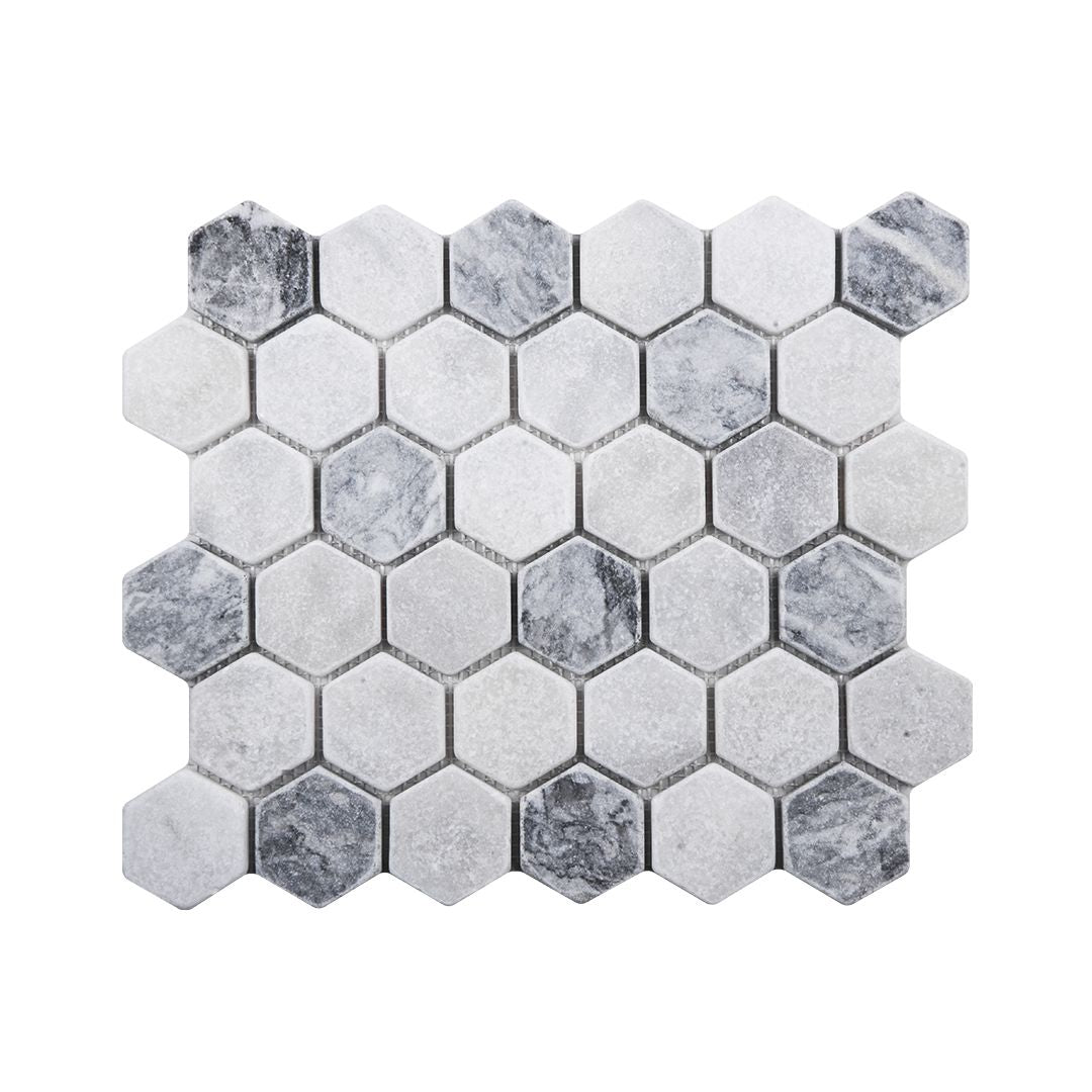 Full mesh-backed sheet of tumbled Carrara white and platinum grey marble hexagon mosaic