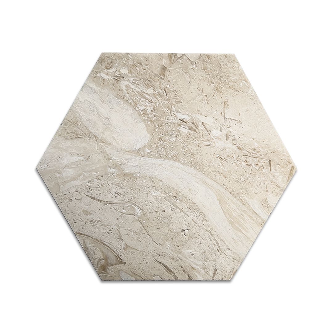 Shellstone brushed limestone hexagon tiles laid as a cream and beige honeycomb floor