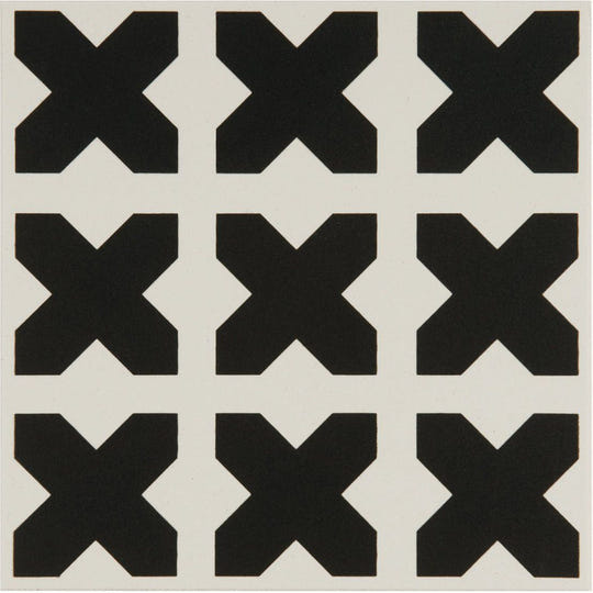 Black x-shaped geometric pattern tiles in babylonian black on dover white background arranged in grid design