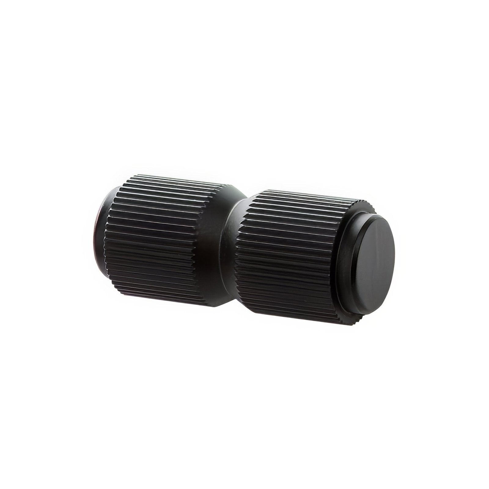 Bailey Hook Black ribbed aluminum camera lens cap with matte finish and two cylindrical sections